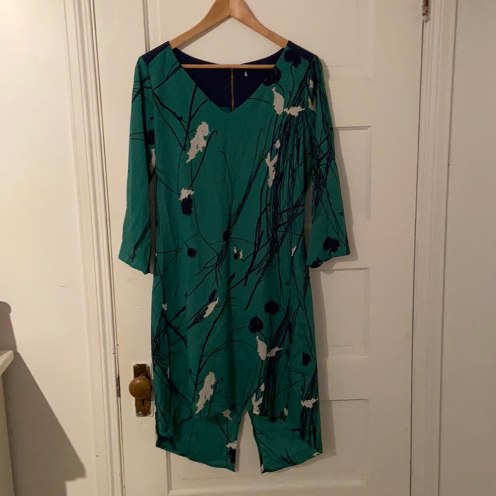 Navy & forest green tunic dress with brass zipper, size M